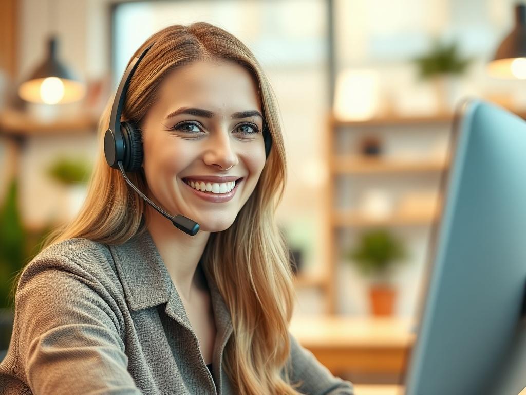 A close-up shot of a friendly customer service representative answering a phone call, with a bright and inviting background of a small business environment, featuring warm colors and natural lighting to convey approachability and professionalism. The focus is on the representative's engagement with the call, showcasing a headset and a welcoming smile.