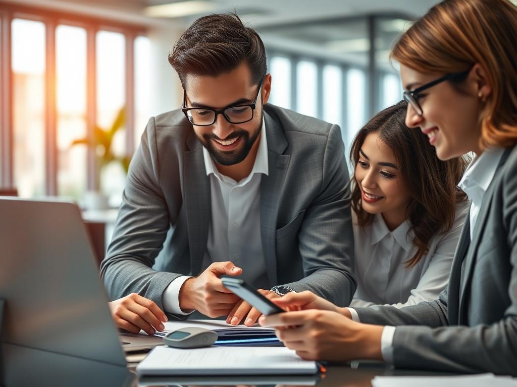A close-up shot of a modern office environment where a team is collaborating over digital devices, showcasing a successful business atmosphere. The scene should reflect professionalism and teamwork, with elements of technology visibly enhancing productivity, creating a sense of innovation.