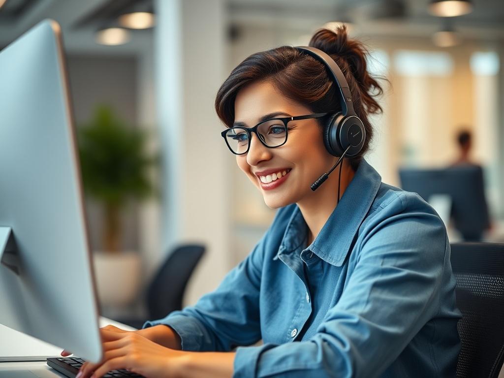 A friendly customer service representative answering a phone call in a modern office setting. The scene is bright and welcoming, with a clean desk and a computer in the background. The representative is smiling, wearing a headset, and engaging with the caller. The image conveys a sense of professionalism and warmth.