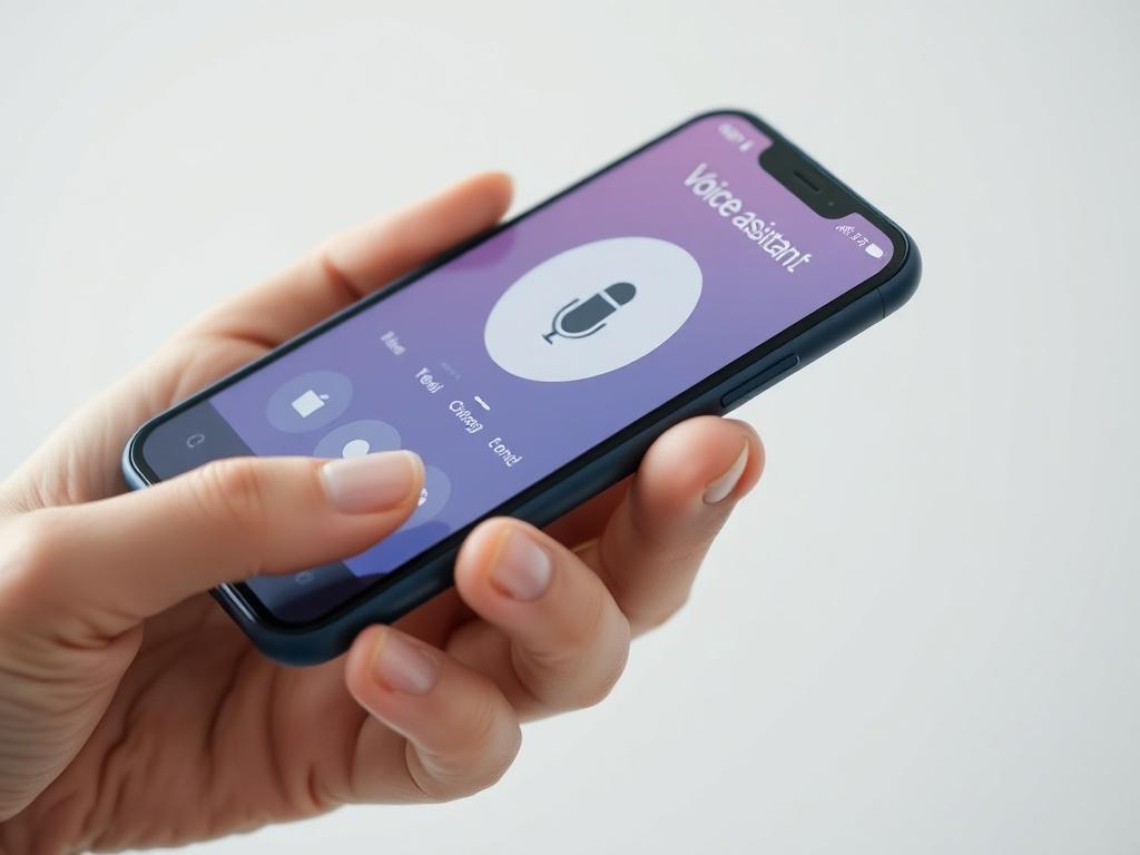 A close-up shot of a friendly voice assistant interface on a smartphone, set against a clean background to emphasize its modern design and user-friendly features.