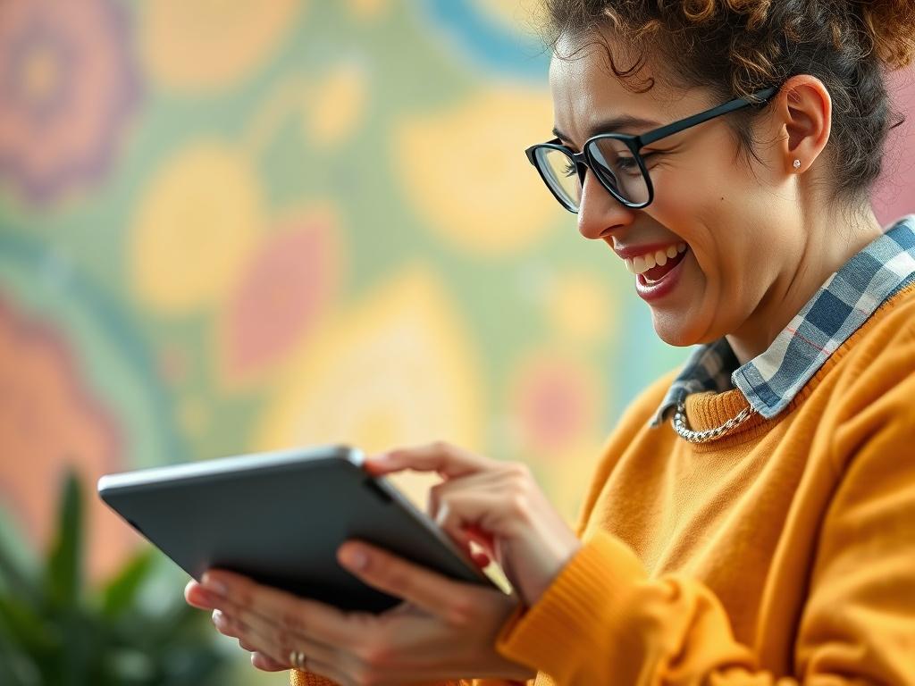 A close-up of a happy customer interacting with a voice assistant on a tablet, showcasing excitement and satisfaction against a vibrant background.