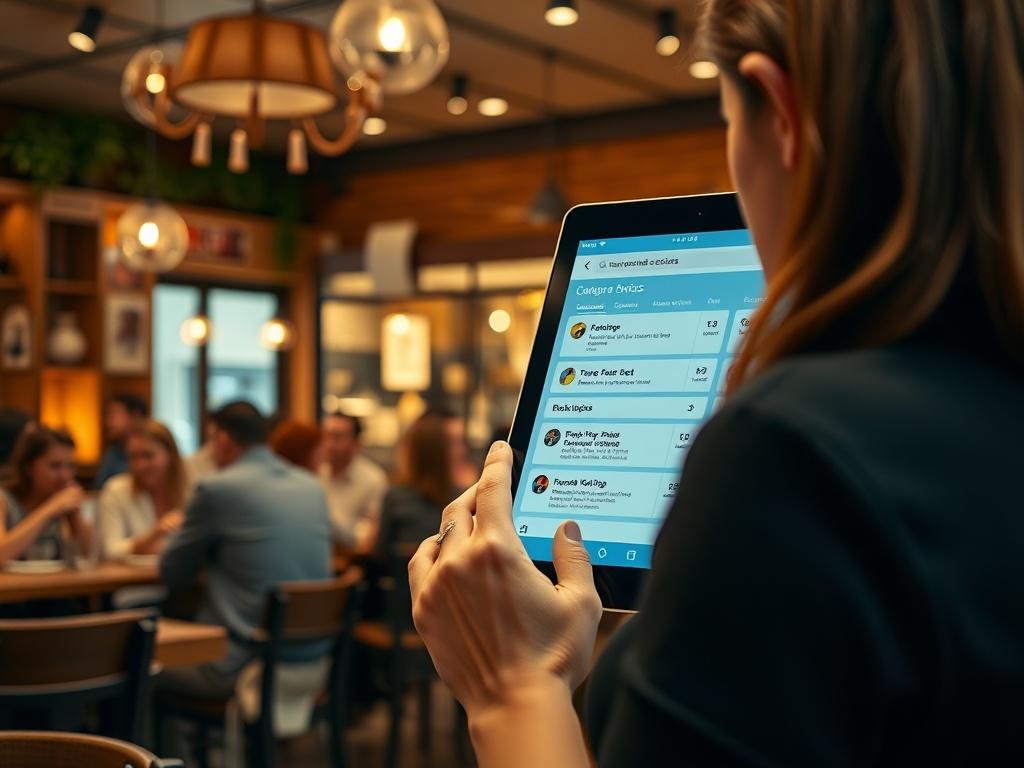 A vibrant image showcasing a busy restaurant with a customer