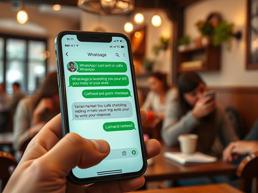 A smartphone displaying WhatsApp messages with automated replies  The