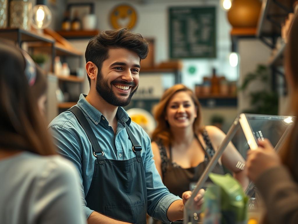 A small business owner happily engaging with customers in a