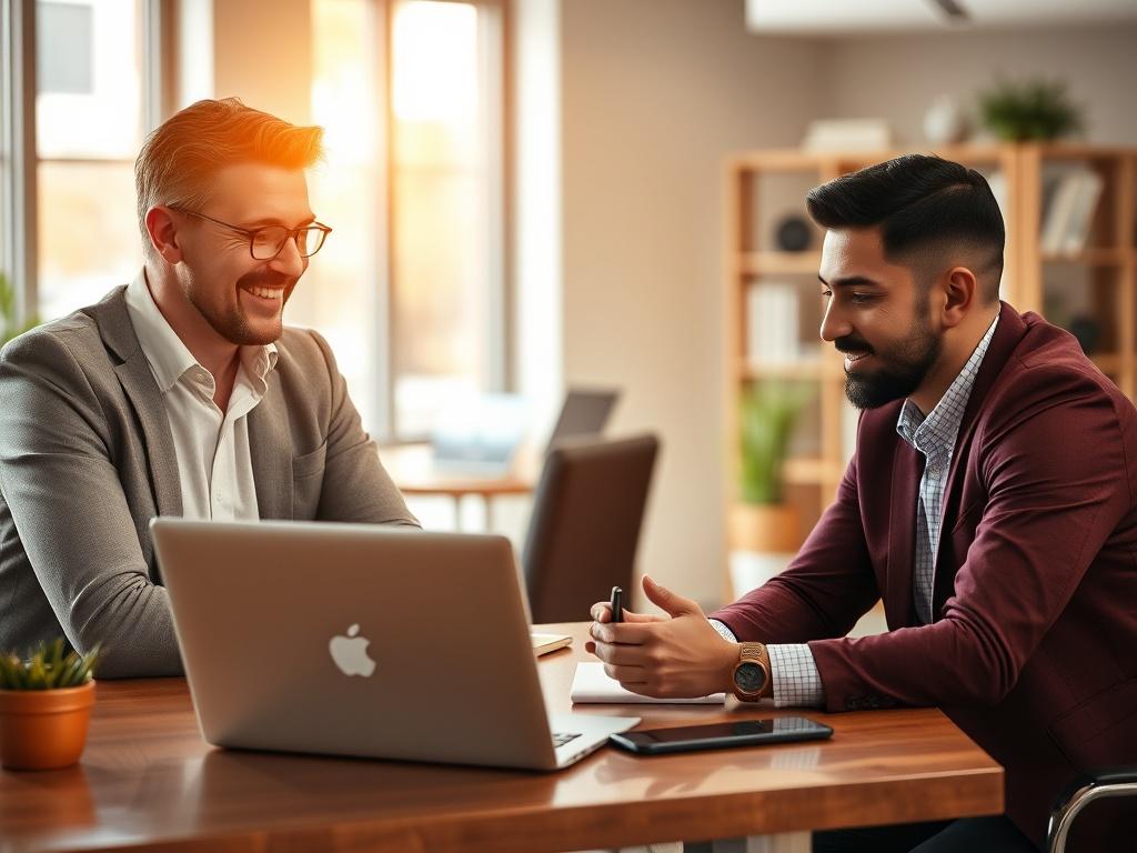 A friendly consultant sitting at a table with a small