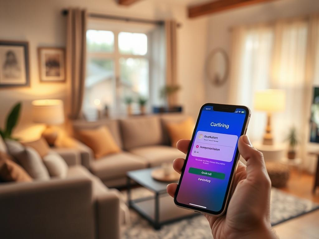 A close-up shot of a smartphone displaying a booking confirmation screen. The background is a cozy living room with a welcoming atmosphere, emphasizing comfort and professionalism. The focus should be on the phone, showcasing the ease of booking appointments through the voice assistant, with vibrant colors to attract attention.