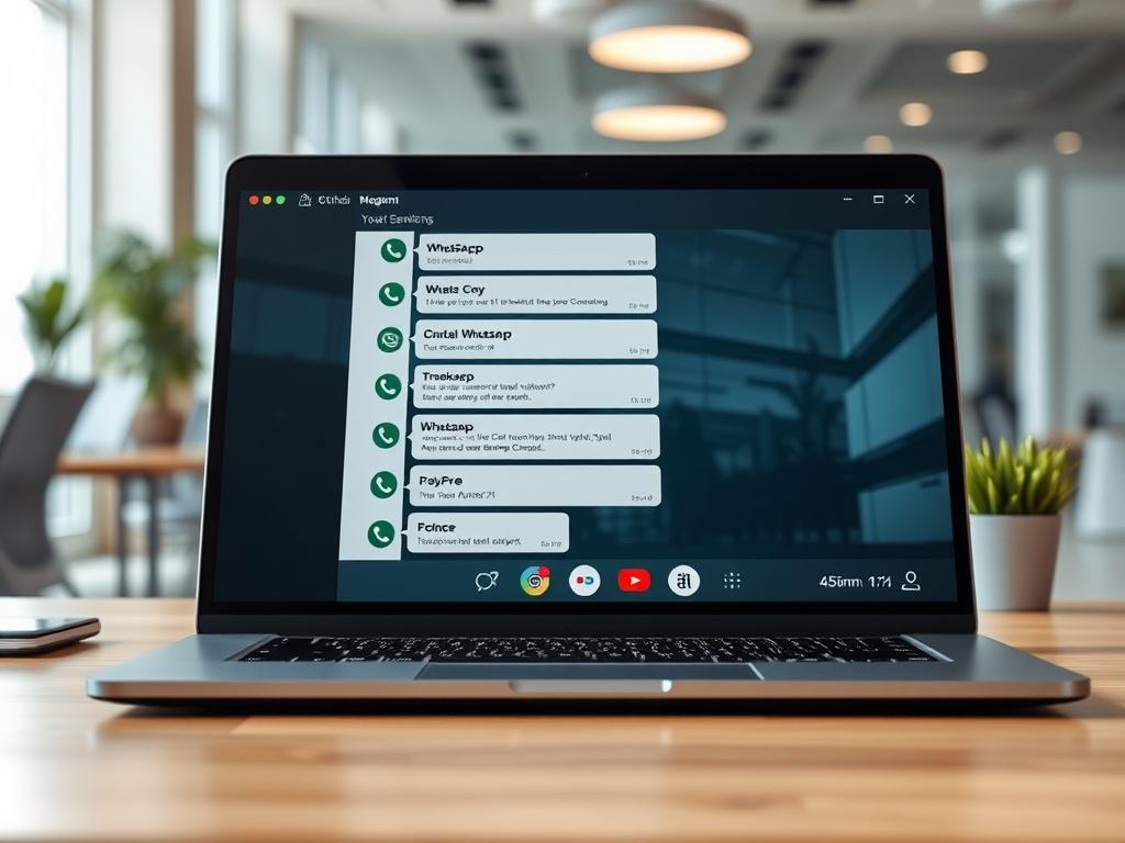 A close-up shot of a laptop screen showing a chat interface with WhatsApp messages and call notifications. The background should depict a modern office setting, emphasizing a professional workspace. The focus is on the screen, highlighting the integrated communication channels available through the voice assistant.