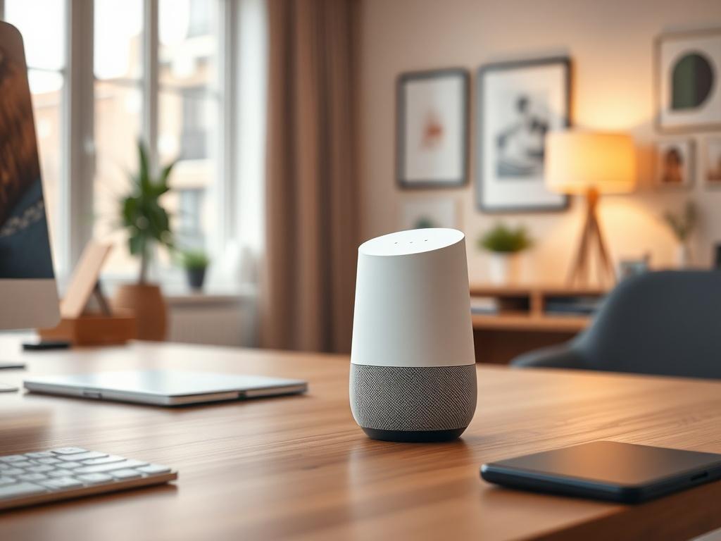 A close-up shot of a modern office desk with a sleek voice assistant device on it. The background features a stylish home office setting with soft lighting, showcasing a welcoming atmosphere. The focus is on the voice assistant, highlighting its design and functionality, with details of the office environment creating a professional feel.