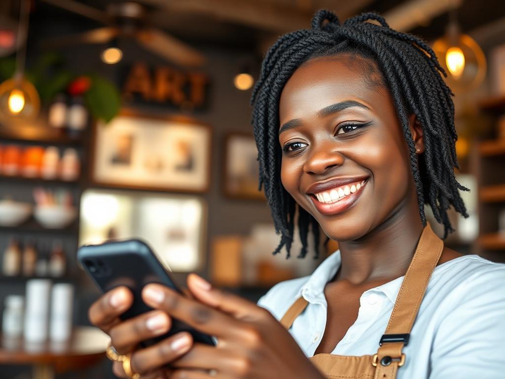 A close-up shot of a Jamaican small business owner smiling while using a smartphone, showcasing a welcoming and vibrant atmosphere. The background features elements related to a restaurant or salon, with warm lighting and inviting decor. The focus is on the owner's expression of satisfaction and confidence, with a clean and modern look.