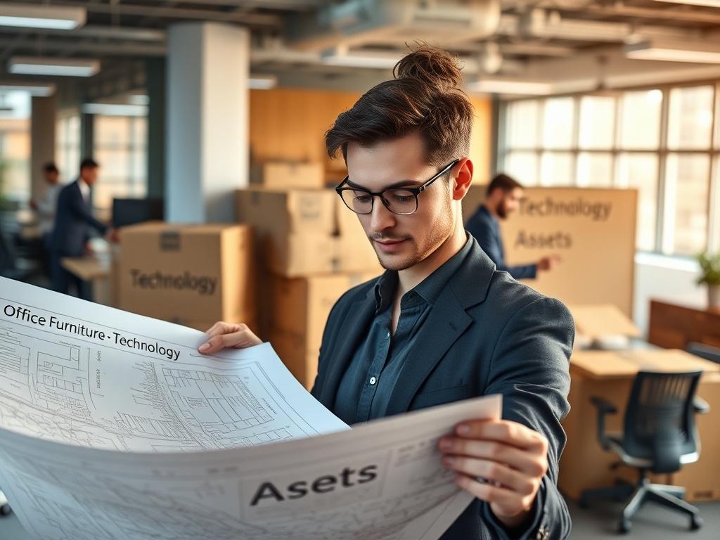Create a hyper-realistic high-resolution image depicting a modern business office in the midst of a commercial move. Focus on a single subject: a professional-looking office worker, predominantly in business attire, examining a large map or strategic layout of an office space, symbolizing planning and organization during a move. 

The background should illustrate a bustling office environment, showcasing large boxes labeled with "Office Furniture," "Technology," and "Assets". Include glimpses of office furn