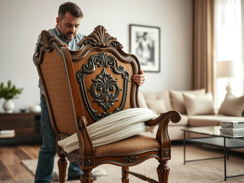 Create a highly detailed, realistic high-resolution photo that captures the essence of furniture moving services provided by Princeton Moving in New Jersey. The composition should feature a single subject—a professional mover carefully wrapping an ornate antique chair with protective material. The mover should appear focused and attentive, emphasizing the care and precision involved in handling valuable items.

In the background, include a clean and simple living room setting that subtly hints at other type