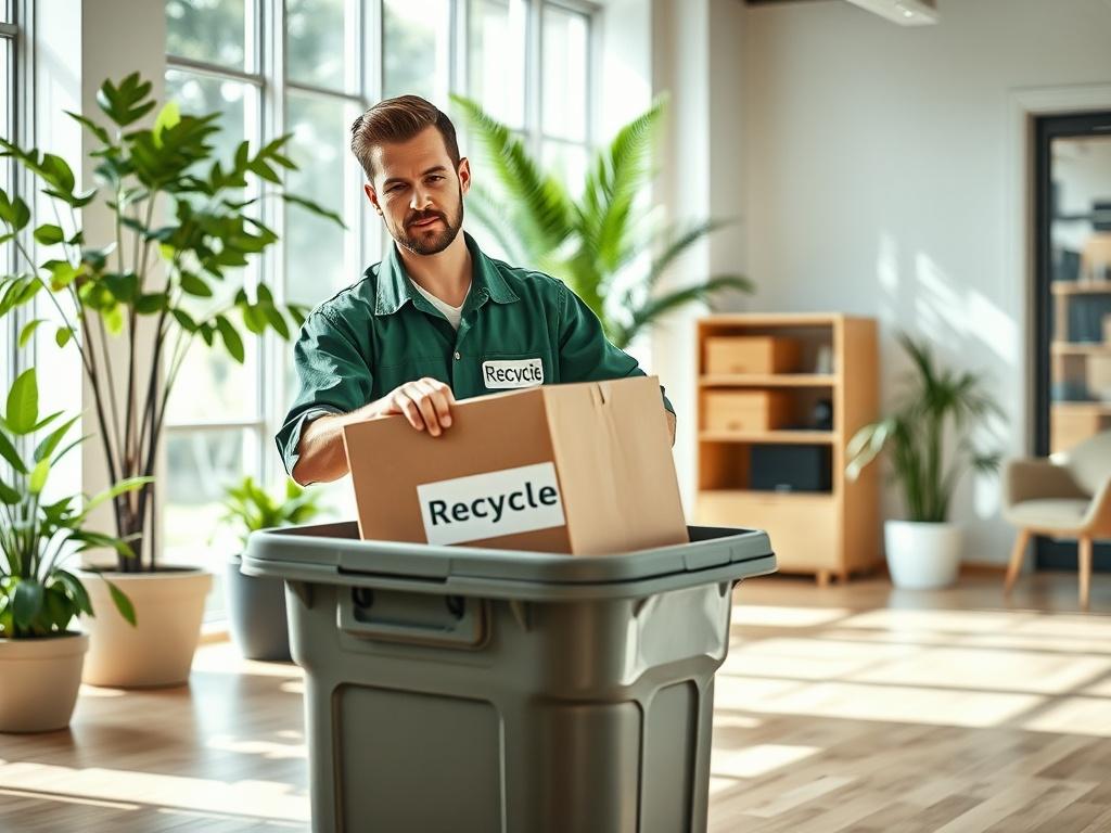 Create a realistic high-resolution photo featuring a professional mover standing in a bright, eco-friendly office space. The mover, wearing a green uniform, is placing cardboard boxes labeled for recycling into a designated recycling bin. Focus on the mover's determined expression as they engage in environmentally responsible practices. 

In the background, show a clean office with natural light streaming through large windows, highlighting lush indoor plants to convey a sense of sustainability. Include a f