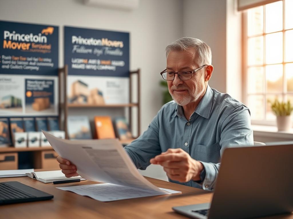 **AI Image Generation Prompt:**

Create a realistic high-resolution photo focusing on a trusted moving company representative engaging with a potential client. The subject should be a seasoned moving consultant, a middle-aged person with a friendly demeanor, sitting at a desk and reviewing a clear contract with visible details. The setting should convey warmth and professionalism, featuring a clean office space with muted, welcoming tones that resonate with the primary color of rgb(184, 163, 137).

The back