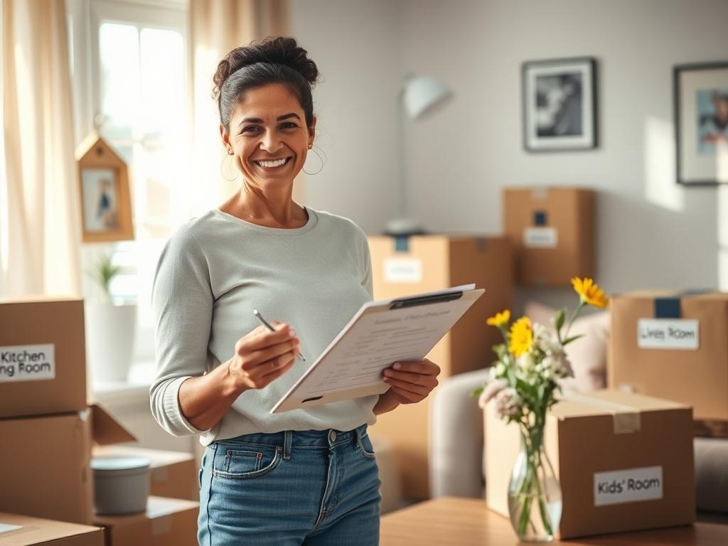 Create a realistic high-resolution image that conveys the theme of family moving with less stress. The composition should capture a single subject: a mother standing in a brightly lit, organized living room packed for a move, surrounded by labeled boxes. She should be depicted in mid-action, happily coordinating the moving process, with a clipboard in hand filled with an organized moving checklist. Her expression should convey calm and confidence, suggesting she has everything under control.

In the backgro