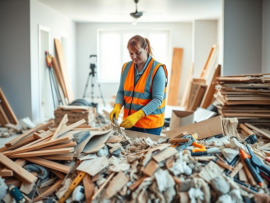 Create a highly detailed and realistic high-resolution photograph that reflects the theme of a blog titled "Renovation or Remodeling? Why You Need Clean Out Services Before and After Construction." The composition should feature a single subject: a professional clean-out team member, a woman in a safety vest and gloves, actively sorting through construction debris in a bright, uncluttered space. 

The subject should be positioned slightly off-center, showcasing her focused expression as she handles debris a