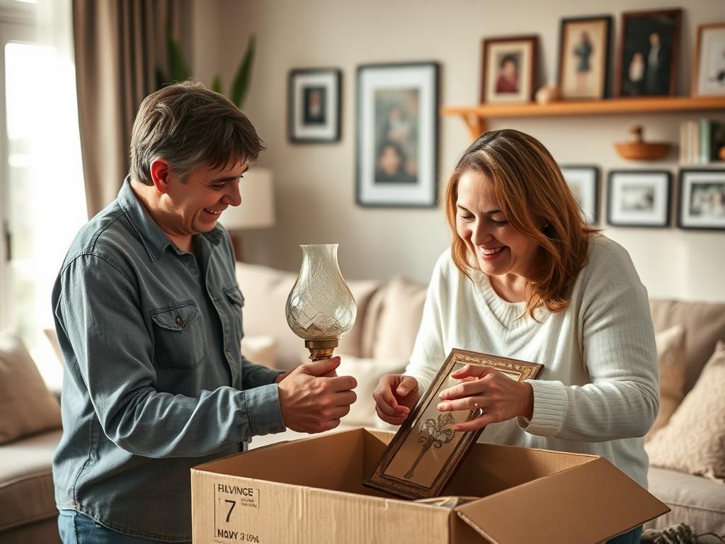 **AI Image Generation Prompt:**

Create a realistic high-resolution photo that encapsulates the essence of a blog titled "How to Choose the Right Residential Moving Company for Your Family’s Needs." The composition should be simple and clear, focusing on a single subject: a caring family during a moving experience. 

**Subject Matter:** Depict a mother and father working together, smiling as they carefully pack a cherished family heirloom, such as a vintage lamp or a picture frame, into a moving box. The pa