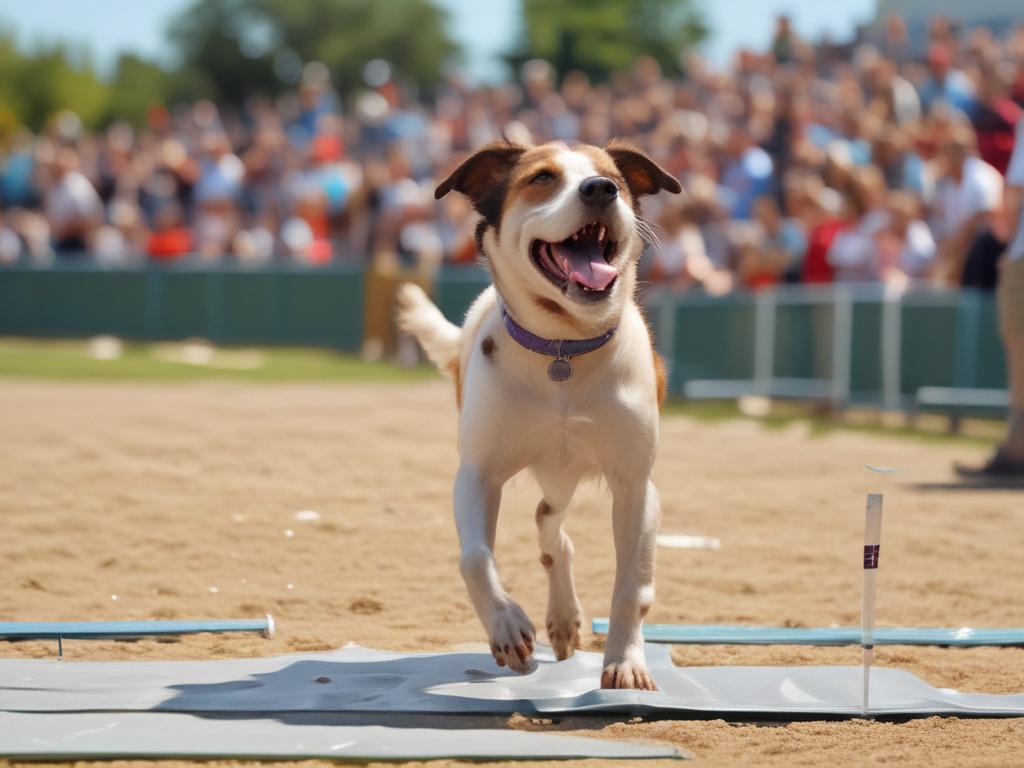 A close-up shot of a happy dog performing a trick at The Pat O’Donnell Dog Show, showcasing its skills. The background features a lively crowd of families cheering with excitement. The photo should have realistic high-resolution quality, captured with a 45mm f/1.2 lens style. The primary color theme should match rgb(4, 128, 50).