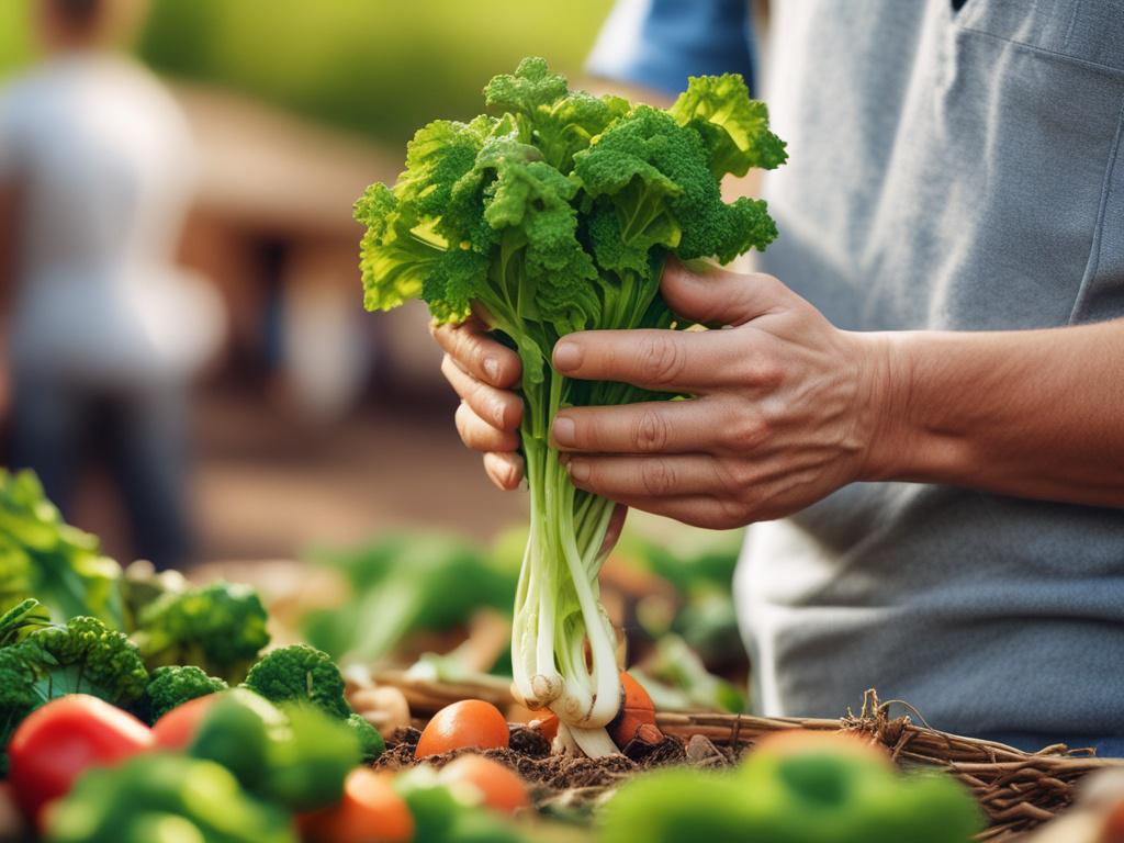 A close-up shot of a farmer holding a freshly harvested vegetable in a vibrant, sunlit outdoor setting. The focus is on the farmer's hands and the vegetable, showcasing the rich textures and colors. The background features blurred elements of a lush garden, emphasizing the connection to local agriculture. The overall composition should evoke a sense of community and pride in local produce, with a warm and inviting atmosphere, rendered in hyper-realistic style.