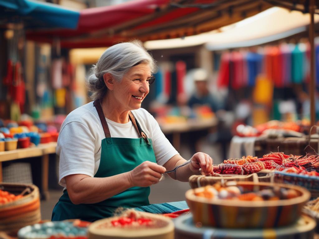 A vibrant close-up of a local artisan crafting handmade goods, set against a blurred background of colorful market stalls. The artisan, a middle-aged woman with a warm smile, is focused on her work, showcasing intricate details of her craft. Natural light illuminates the scene, enhancing the colors of the products. The composition is simple and clear, emphasizing the artisan's skill and dedication, captured with a 45mm f/1.2 lens style.