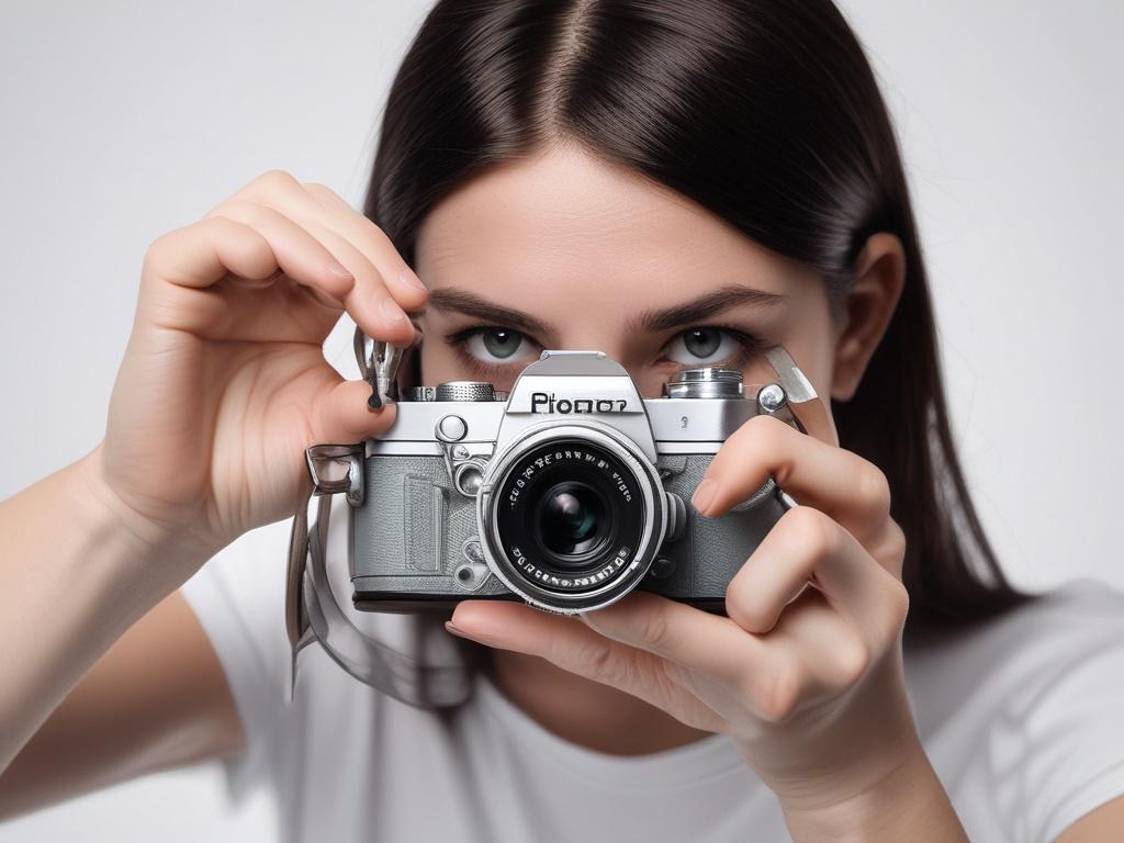 A close-up shot of a person taking a photograph, standing against a pristine white background. The photographer is focused and engaged with their camera, showcasing their passion for capturing moments. The subject should be dressed casually, with a joyful expression, emphasizing creativity and enthusiasm. Soft lighting highlights the individual, creating a warm and inviting atmosphere.