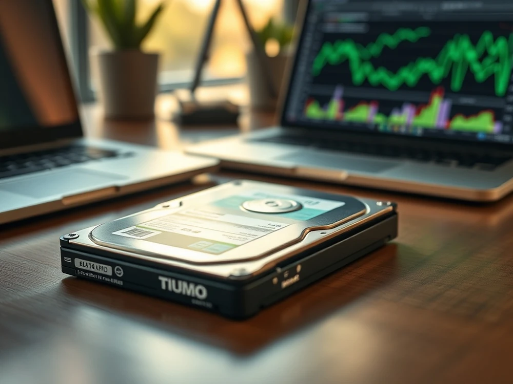 Dysk HDD na biurku i wykresy na ekranie laptopa – porównanie awaryjności SSD i HDD