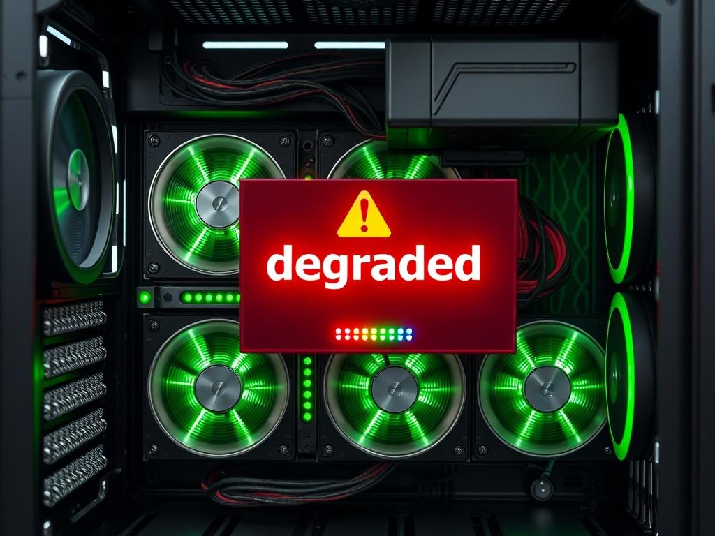 **Prompt for AI Image Generation:**

Create a highly detailed, hyper-realistic close-up photograph that encapsulates the urgency and technical nature of a RAID 5 system displaying a "degraded" status. The image should focus on a single, open computer case showcasing a RAID array with four high-capacity hard drives (8TB each) visibly installed. Each hard drive should have its power/status LED lights glowing green, indicating they are healthy, contrasting with a prominent warning sign or graphical display wit