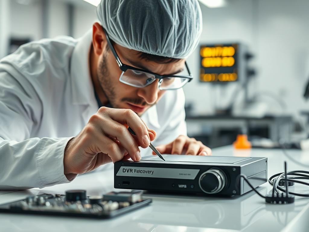 **Prompt for AI Image Generation:**

Create a highly realistic, high-resolution close-up photograph that captures the essence of data recovery from CCTV, DVR, and NVR systems. The composition should feature a solitary technician in a cleanroom environment, focusing intently on a digital video recorder (DVR) setup laid out before them on a sleek surface. The technician should be dressed in professional lab attire, showcasing a meticulous and serious approach to their work.

The background should be softly bl