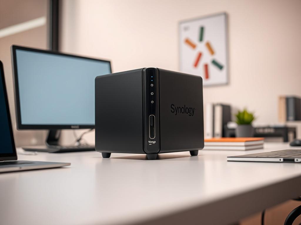 **Prompt for AI Image Generation:**

Create a realistic high-resolution photo depicting a Network Attached Storage (NAS) device from brands like Synology or QNAP, showcased prominently on a clean, minimalist office desk. The NAS should be presented as a sleek, modern unit with visible ports and indicators, embodying the concept of a "silent box that can explode." The background should be blurred softly to evoke a sense of focus on the NAS, allowing the device to stand out as the sole subject.

The lighting 