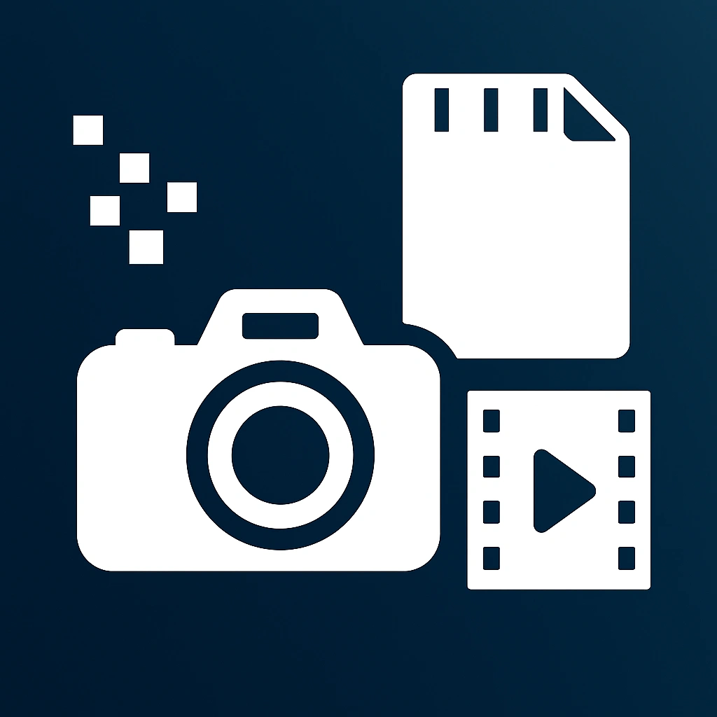 Ikona odzyskiwania danych dla fotografów i filmowców – aparat, karta pamięci i symbol wideo na ciemnym tle.