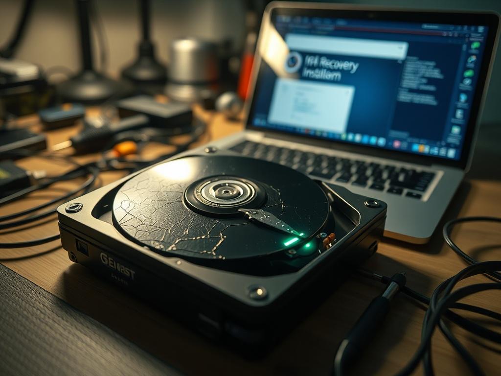 **Prompt for AI Image Generation:**

Create a realistic high-resolution photo that visually represents the cautionary message "Nie instaluj programów do odzyskiwania danych na tym samym dysku". The composition should be simple and clear, focusing on a single subject: a damaged hard drive with a visibly scratched surface and a faint glow emanating from its interior, indicating data loss. 

The background should be a soft focus, illustrating a cluttered desk with computer tools, a laptop displaying a recovery