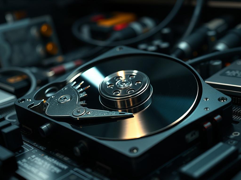 Create a highly realistic high-resolution photo of a close-up view of a computer hard disk drive (HDD) that appears to be malfunctioning. The focus should be on the HDD, showcasing its metallic casing, shiny platters, and intricate internal components. The HDD should be slightly angled to highlight the connections and details, with visible signs of damage or wear, such as scratches or dirt to indicate it may have been in use for a while. 

The background should be a dimly lit technology workspace, featuring