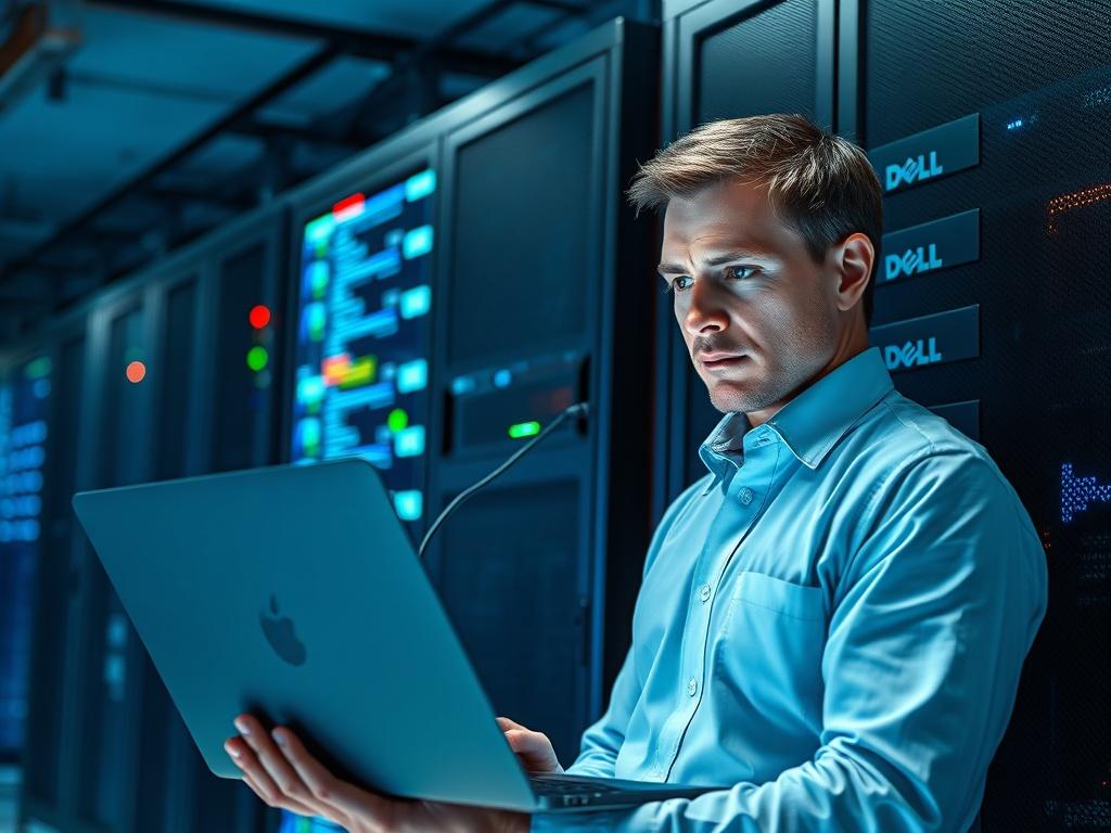 **Prompt for AI Image Generation:**

Create a realistic high-resolution photo capturing a Dell PowerEdge server experiencing a critical failure. The server should be the central focus of the image, prominently displayed in a clean and organized data center environment. Ensure the server's front panel has visible warning lights indicating an error, with a noticeable red indicator light glowing to signify the failure. Place a technician in the foreground, dressed in professional attire, intently examining a l