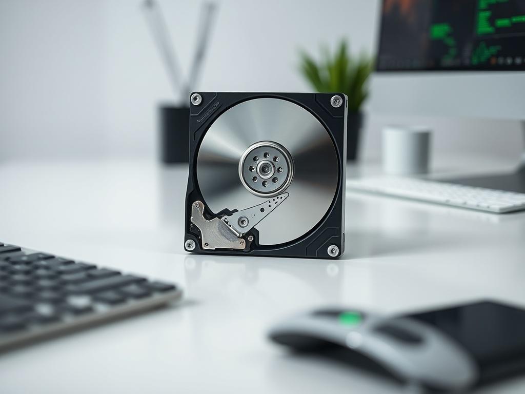 **AI Image Generation Prompt:**

Create a hyper-realistic, high-resolution photograph depicting a single desktop computer hard drive (HDD or SSD) prominently placed in the center of a clean, uncluttered workspace. The hard drive should be slightly open, showcasing its intricate internal components, emphasizing the delicate nature of data storage. The background should be softly blurred, ensuring that the focus remains on the hard drive, while subtle hints of a modern, tech-savvy environment can be observed.