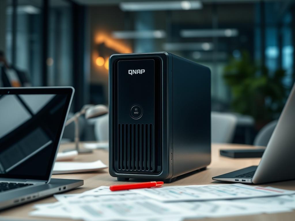 **Prompt for AI Image Generator:**

Create a realistic high-resolution photo that visually represents the case study titled "Ransomware na NAS QNAP – jak odzyskać dane bez płacenia okupu?". The image should focus on a single subject: a close-up view of a QNAP NAS device, prominently featured in a modern office environment. 

The NAS should look sleek and professional, with visible LED indicators showing activity. The background should be a blurred, contemporary office setting with a desk, a laptop, and scat