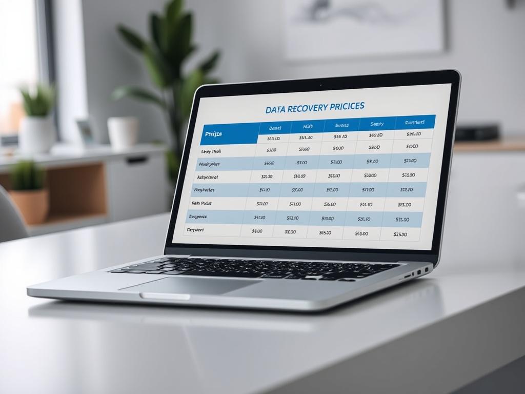 Create a highly detailed and realistic high-resolution image that reflects the theme of data recovery pricing, specifically focusing on the blog titled "Ile kosztuje odzyskiwanie danych? Konkretne widełki cen i od czego zależy wycena." The composition should be simple and clear, featuring a single subject that encapsulates the essence of data recovery services.

The subject of the image should be an open laptop on a sleek, modern desk. The laptop screen should display a neatly organized table or chart illus