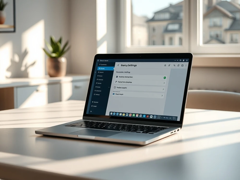 Laptop z włączonym oprogramowaniem do automatycznego backupu danych w Windows i macOS