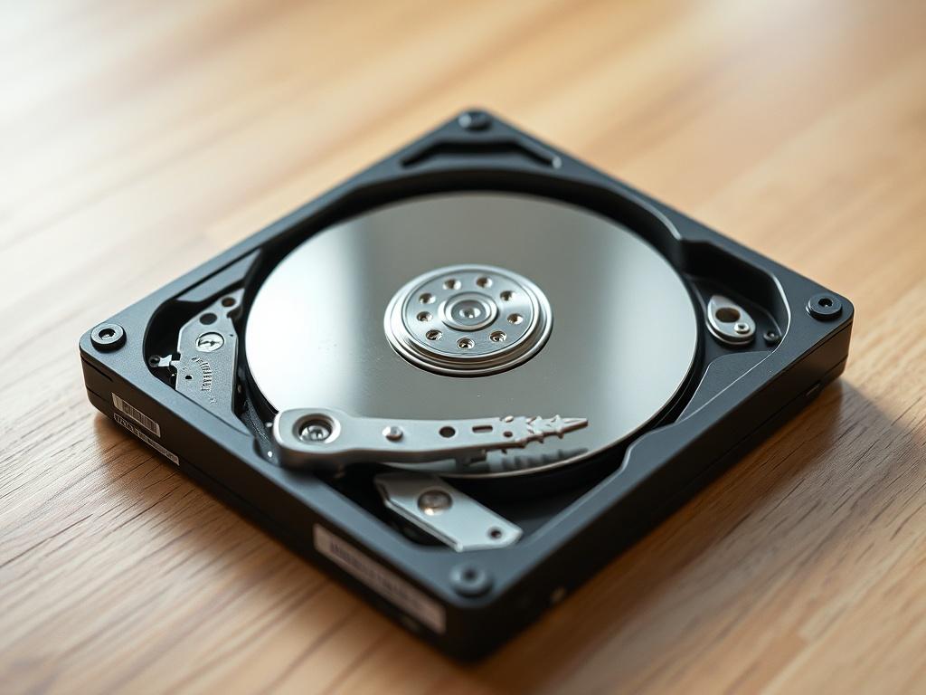 **AI Image Generation Prompt:**

Create a highly detailed, realistic high-resolution photograph that embodies the cautionary message conveyed by the blog titled "Nie formatuj nośnika 'bo potem to odzyskam programem'." 

**Composition:**  
- Focus on a single, worn-out hard drive sitting on a clean, well-lit wooden table. The hard drive should show signs of age – perhaps a few scratches or dust particles visible on its surface, implying it has been used frequently.
- Use a shallow depth of field to keep the 