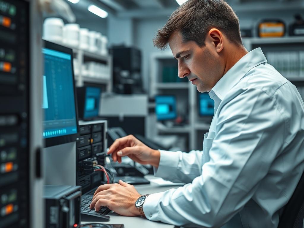 Create a highly realistic high-resolution photo focusing on a single subject: a professional data recovery technician working intently on a RAID array in a well-lit, clean laboratory environment. The technician, a middle-aged man with short, dark hair, is seated at a sleek, modern workstation, surrounded by advanced computer equipment. 

In the foreground, showcase the technician's hands as he delicately connects cables to a RAID device, emphasizing his focus and expertise. Surrounding him, include various 