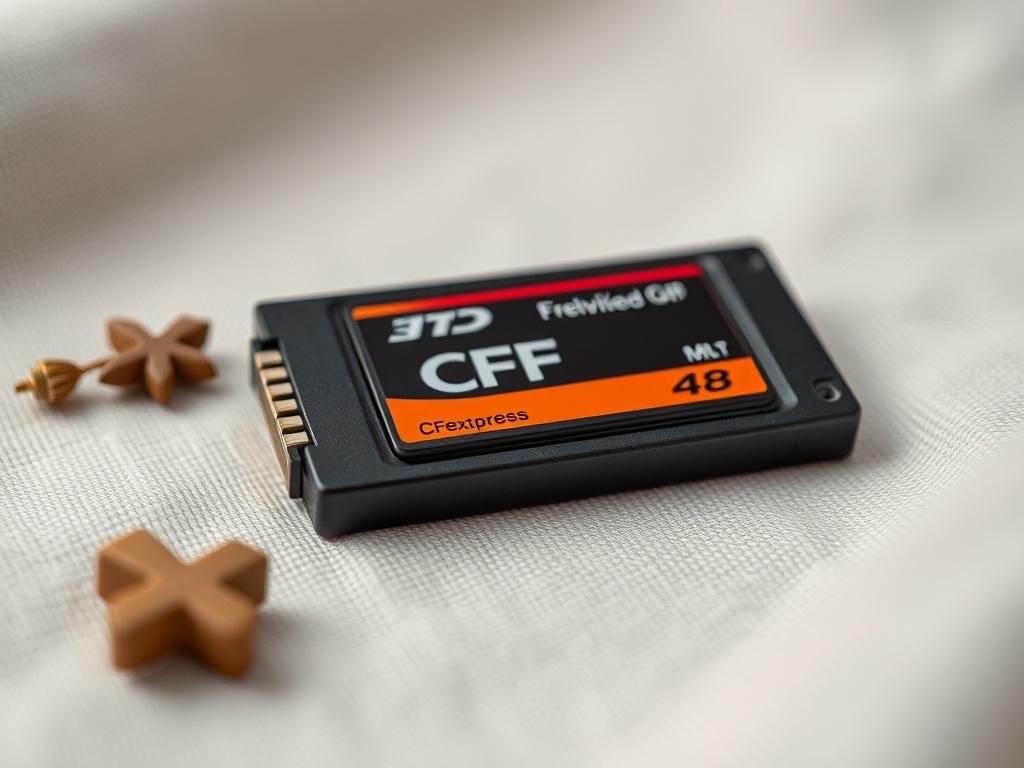 Create a realistic high-resolution photo designed to reflect the blog titled "Odzyskiwanie danych z kart CFexpress / XQD / CFast – poradnik dla filmowców i fotografów". 

**Composition:** The image should be composed with a clear focus on one CFexpress card, prominently displayed in the center. Ensure the card is captured in detailed close-up, highlighting its intricate design and features. 

**Subject Matter:** The CFexpress card should be in pristine condition, positioned on a clean, solid background that