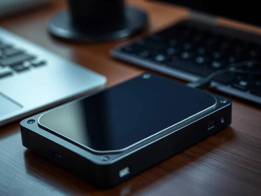 Create a realistic high-resolution image that encapsulates the essence of a blog titled "Dysk nie startuje – czarny ekran: Diagnoza awarii i krok po kroku, jak uniknąć katastrofy." The composition should be simple and focused, featuring a single external hard drive that appears to be non-functional. The hard drive should be placed prominently in the center of the frame, showcasing its sleek design and detail. The background should be softly blurred to avoid distraction, with a subtle hint of a desk or works