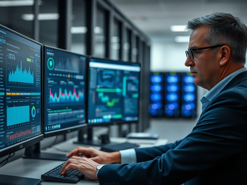 **Prompt for AI Image Generation:**

Create a realistic high-resolution photograph that captures the essence of a corporate IT crisis. The main subject should be a focused view of a professional IT technician working intently at a sleek, modern workstation filled with multiple high-resolution monitors displaying complex data analytics and virtual machine management interfaces. The technician is a middle-aged man, wearing a smart business casual outfit, with a look of concentration on his face as he analyzes