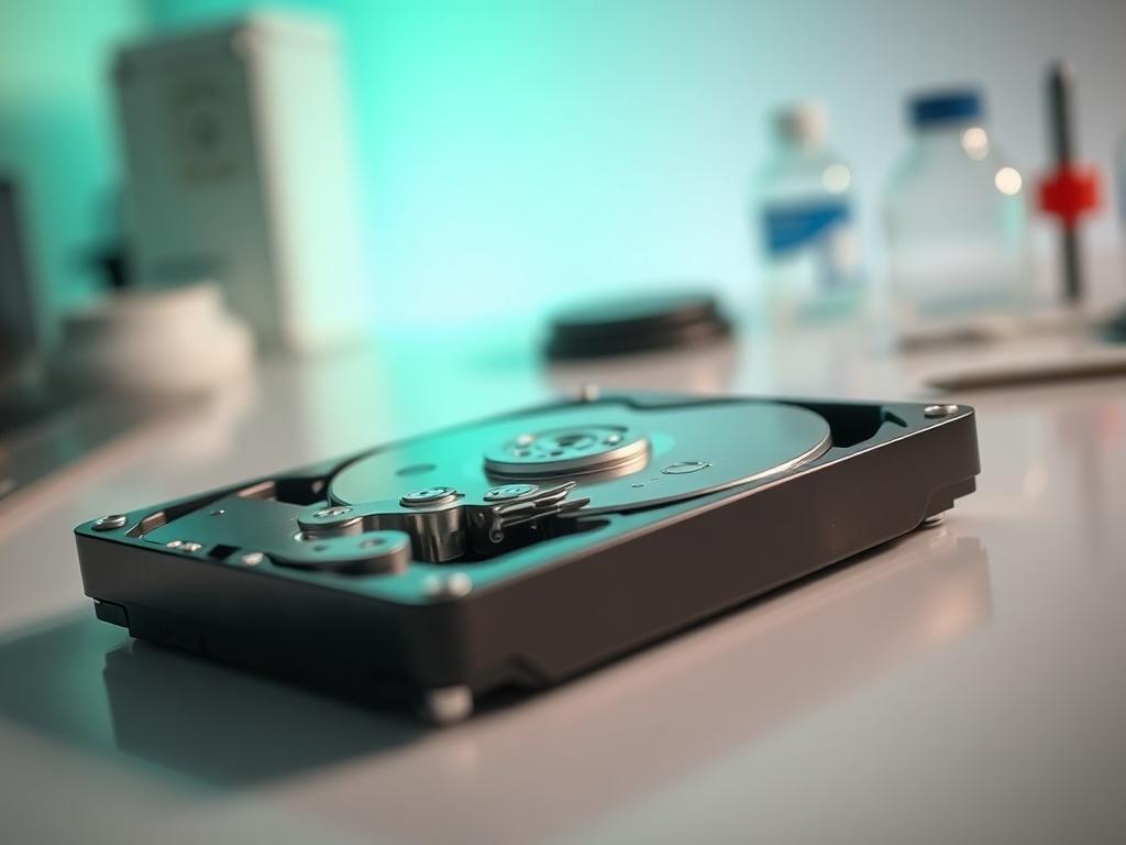 Create a highly detailed, realistic high-resolution photo that visually represents a blog titled "Jak odzyskać dane z uszkodzonego dysku HDD?" The composition should be simple and clear, featuring a single subject: a close-up view of a damaged HDD (hard disk drive) on a clean, uncluttered workspace. The HDD should show visible signs of damage, such as scratches or dents on its surface, to convey its condition. 

In the background, include soft, blurred elements that suggest a professional data recovery labo