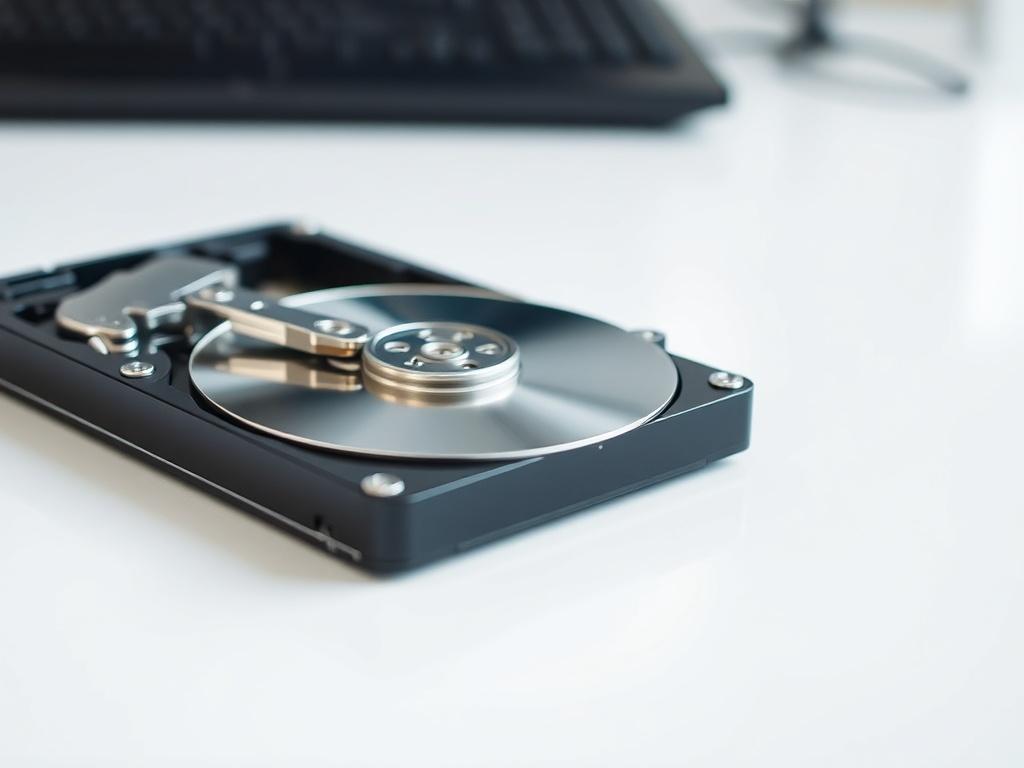 **AI Image Generation Prompt:**

Create a highly detailed, realistic high-resolution photo that vividly illustrates the theme of the blog titled "Nie otwieraj dysku twardego w domu." The composition should be simple and clear, focusing on one central subject: an open hard disk drive (HDD) lying on a white sterile surface, such as a cleanroom bench or table. 

In the image, the HDD should be partially disassembled, showcasing the delicate internal components, including the spinning platters and the read/writ