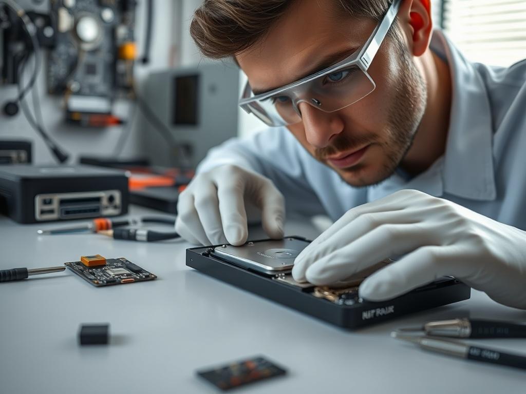 A hyper-realistic close-up of a technician examining an open SSD drive on a clean table, with data recovery tools and electronic components in the background, highlighting the intricate details of the SSD and technician's focused expression.