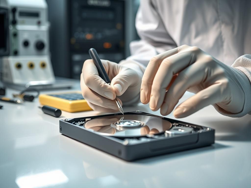 A close-up shot of a technician in a cleanroom environment, carefully handling an open HDD drive on a clean table, with tools like a screwdriver and data recovery equipment visible in the background, focused lighting enhancing the details of the HDD and technician's hands.