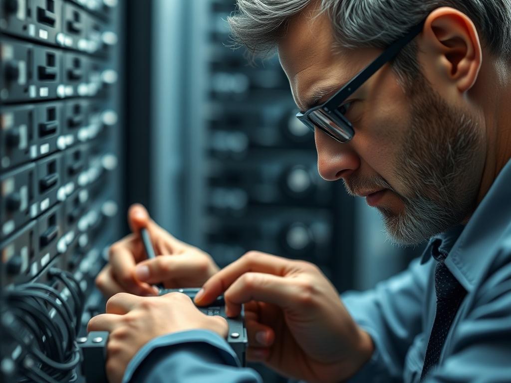 A detailed close-up of a RAID array setup, with multiple hard drives visible, a technician inspecting the array with tools in hand, and a focused expression, highlighting the complexity of the RAID configuration.