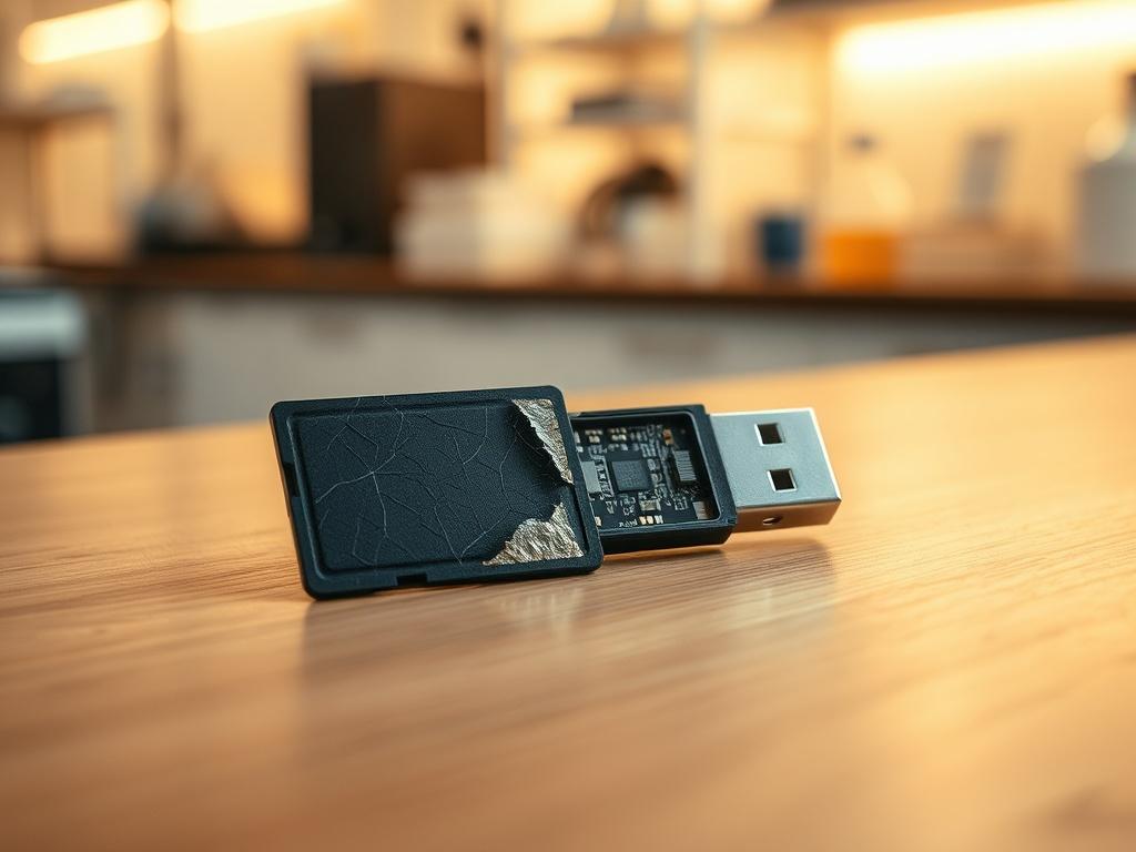 **Prompt for AI Image Generation:**

Create a highly detailed, realistic high-resolution photo focusing on a single subject that illustrates the challenges of data recovery. The subject should be a close-up of a damaged memory card and a broken USB flash drive (pendrive) placed side by side on a sleek, modern wooden table. The memory card should show visible scratches and cracks, while the pendrive should have its casing slightly open to expose internal components. 

The background should be softly blurred 