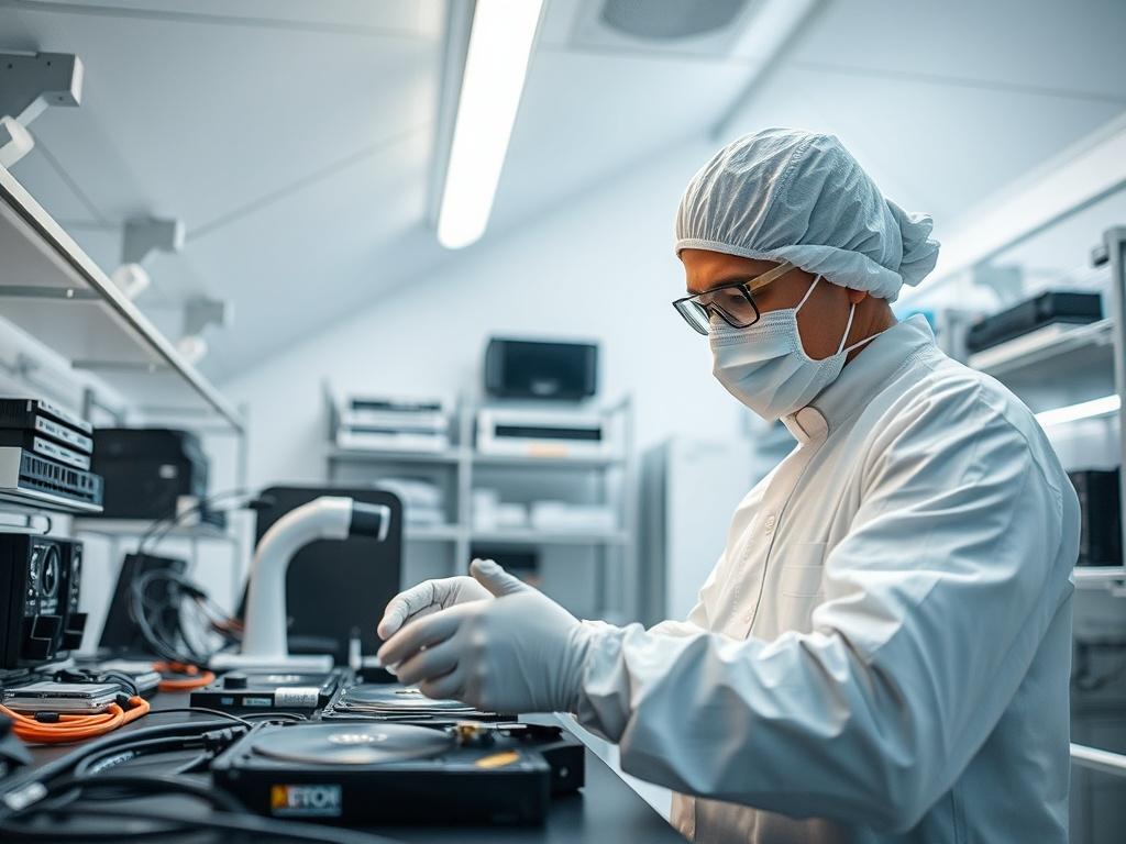 Create a realistic high-resolution photo capturing "Jak wygląda dzień pracy w laboratorium odzyskiwania danych? Kulisy pracy Dysk i Spółka." The composition should focus on a single subject: a technician in a cleanroom environment, dressed in a sterile suit, working diligently with advanced data recovery tools. The technician should be concentrated, showcasing professionalism and expertise, while handling equipment such as HDDs and SSDs with precision. 

In the background, include a cleanroom's angular arch