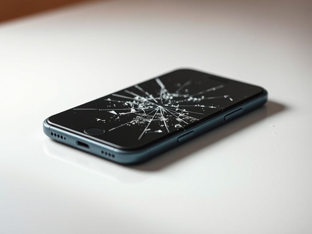 **AI Image Generation Prompt:**

Create a highly realistic high-resolution photo focusing on a single subject: a shattered smartphone lying on a clean, white surface. The smartphone screen should be cracked, with visible fragments, highlighting its vulnerability. It should be positioned in the center of the composition, allowing for a clear and simple visual impact. The background should be soft and blurred to emphasize the smartphone, suggesting a sense of separation and focus on the risks associated with 