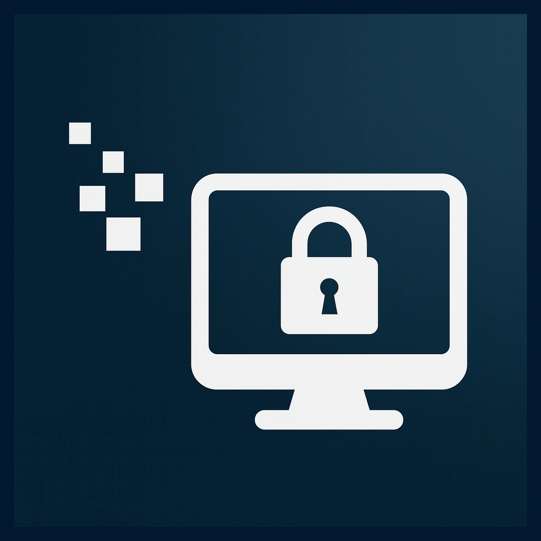 Ikona cyberataku ransomware – monitor z kłódką na ciemnym tle, grafika dla usługi odzyskiwania danych.